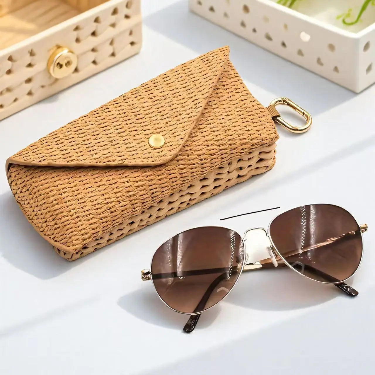 Damen Brillentasche Geflochtenes Stroh Design – PU Leder Weiches Etui für Sonnenbrillen Kaufschwan®