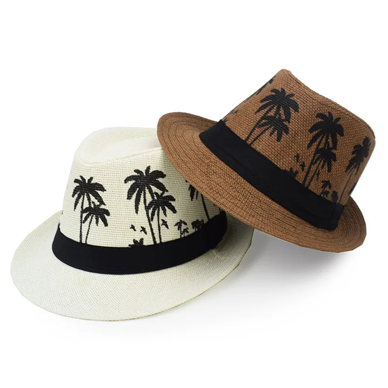 Sommer Strohhut – Herren & Damen, Kokosbaum-Muster, Outdoor Atmungsaktiv, Tropischer Jazz Fedora, Panama Hut Kaufschwan®