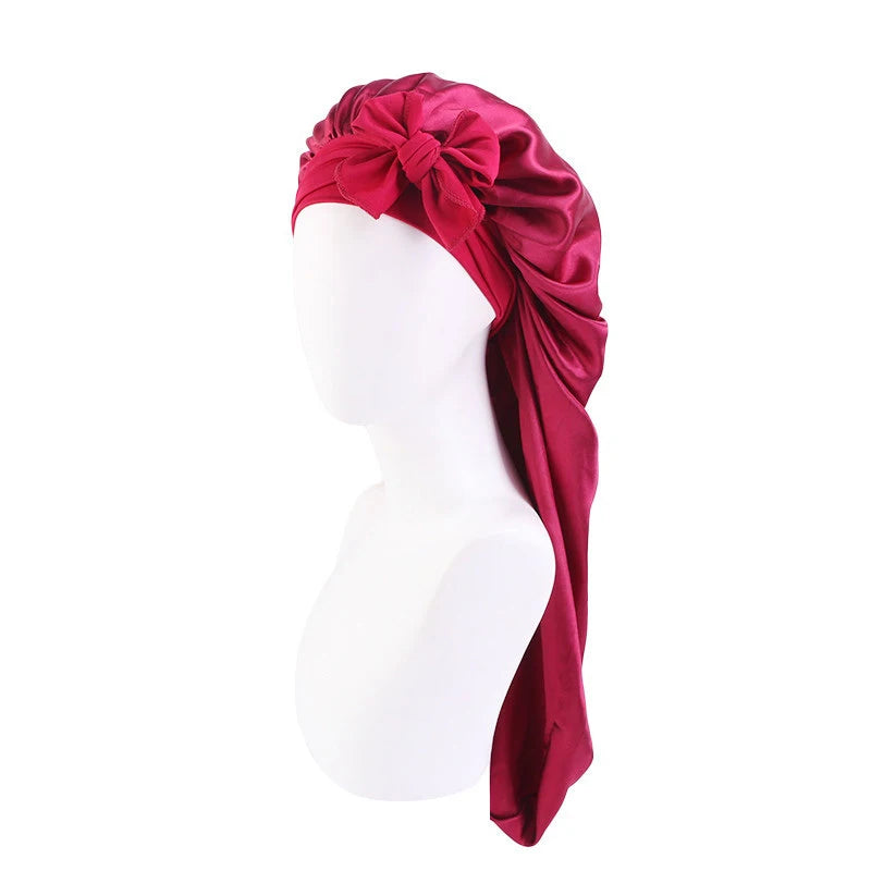 Lange Übergroße Satin-Schlafhaube für Damen – Atmungsaktive Elastische Haarhaube mit Schleifenband für die Nacht Kaufschwan® Weinrot