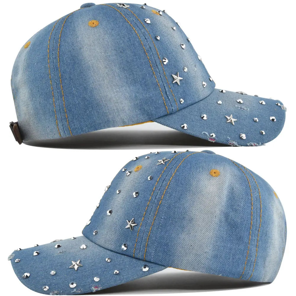 Denim Baseballkappe Damen | Gewaschener Vintage-Hut mit Rivet Star | Snapback Sonnenhut für Damen & Herren | Sommer Outdoor Freizeit Kaufschwan®