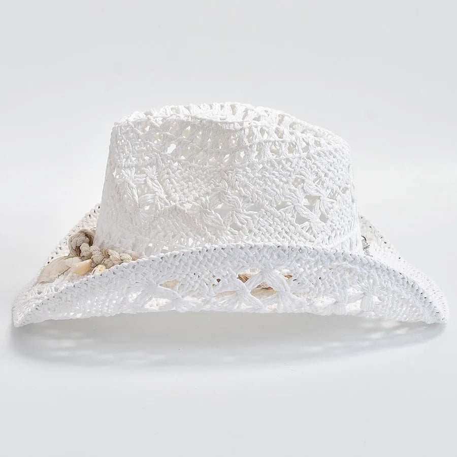 Sommer Strohhut für Damen – Handgewebter Sonnenhut mit Muschel-Dekoration, Panama Strandhut Kaufschwan®