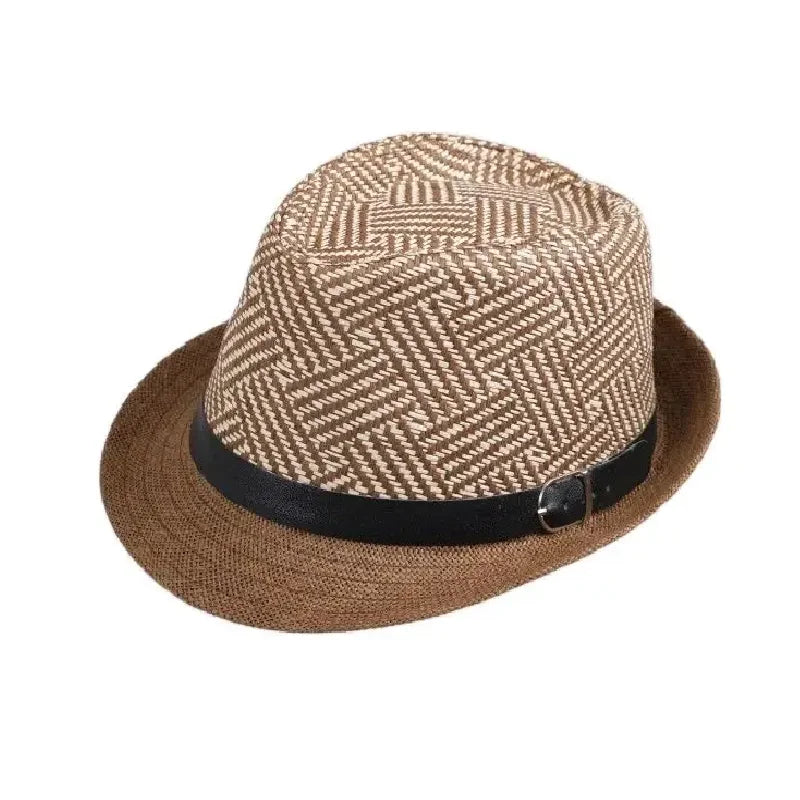 Retro Sonnenhut – Britischer Top Hat Stil, Geometrischer Strohhut mit Gürtel, Unisex Strand & Partner Fedoras