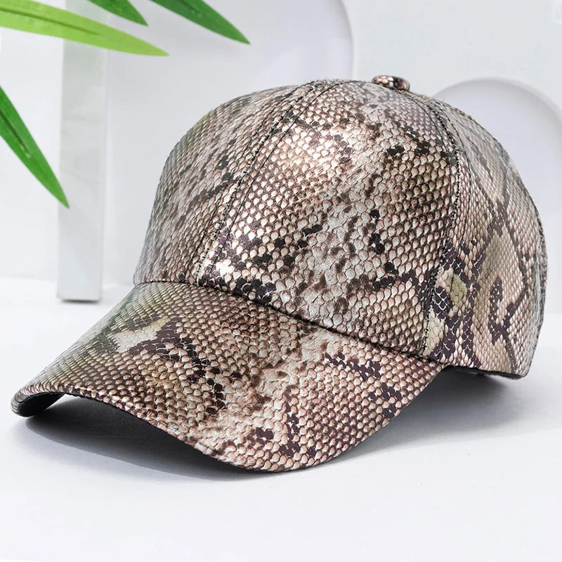 Snake Print PU Leder Baseballkappe | Verstellbarer Hip-Hop Street Dance Hut | Leicht & Sonnenschutz für Outdoor-Aktivitäten Kaufschwan® Schokolade Einstellbar