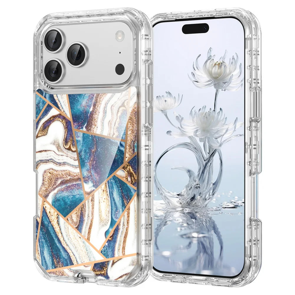 3-in-1 Mehrschichtige Stoßfeste Armor-Schutzhülle für iPhone 18 Pro & iPhone 18 Pro Max – Marmoroptik mit Veredelten Details Kaufschwan® Blau/Gold iPhone 18 Pro