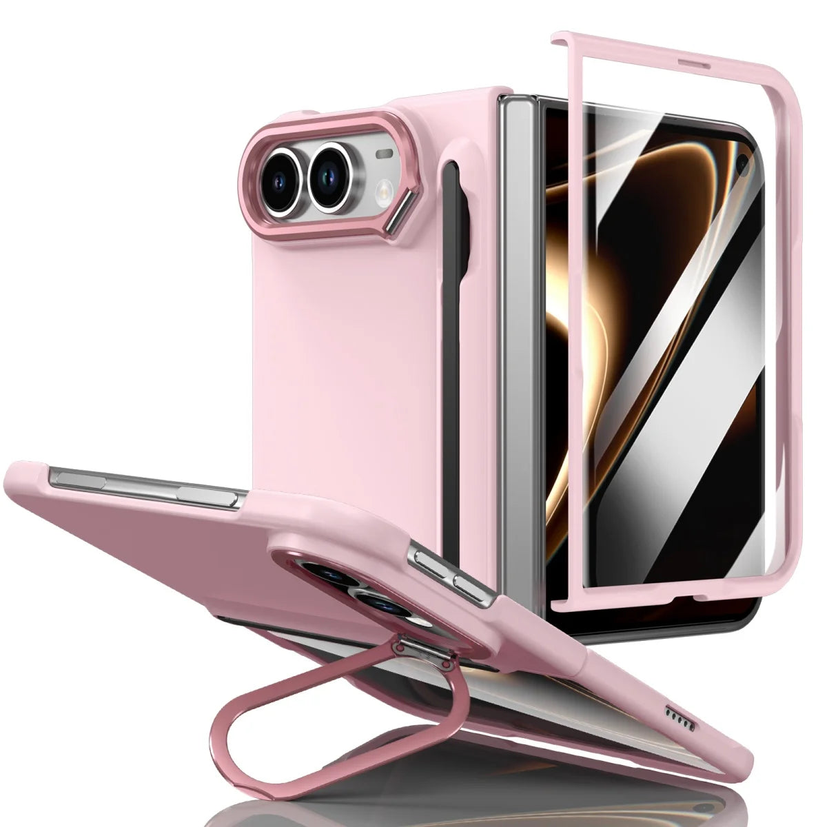 Schützende Klapphülle für iPhone Duo – Stoßfeste Hart-PC-Hülle mit Stifthalter, Displayschutz, Scharnierschutz und Metallständer Kaufschwan®