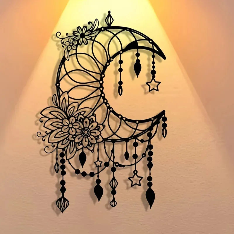 Elegantes Gothisches Mond & Blumen Metall Wandbild – Modernes Hängedekor