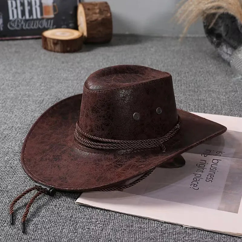 Kunstleder Western Cowboy Hut für Damen & Herren – Vintage Gentleman Dress Hat, Panama Cowgirl Jazz Cap, Klassischer Sombrero Kaufschwan® Braun 56-58CM