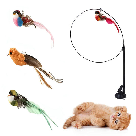 Feder-Vogel-Spielzeug für Katze – Interaktiver Katzen-Spielstab mit Langem Stahldraht & Epoxid-Saugnapf Kaufschwan®