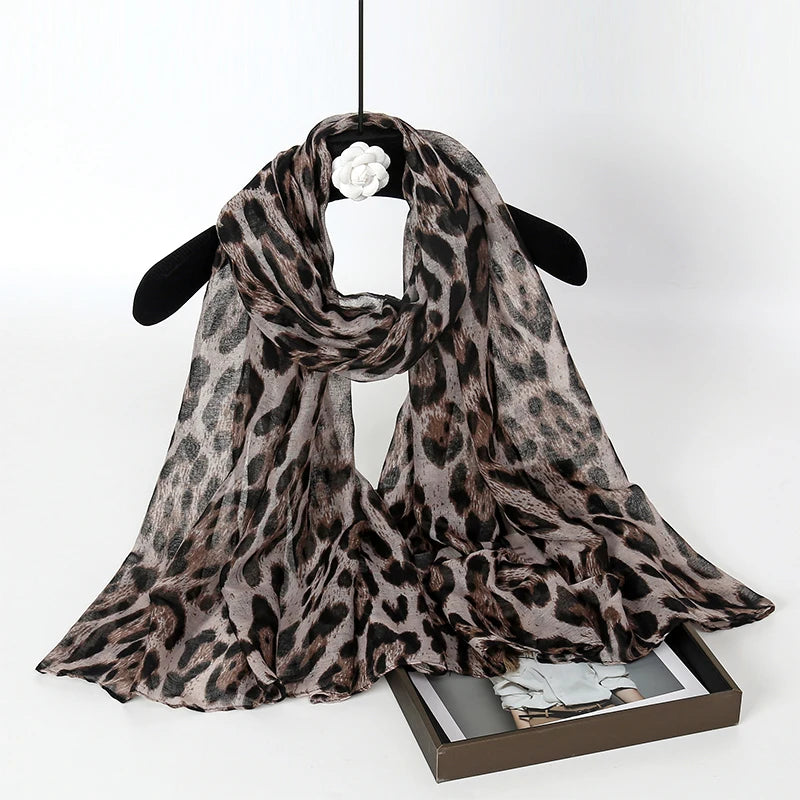 Damen Leopard Hijab Schal – Vintage Luxus Boho Bandana | Langer 180cm Muslimischer Schal, Strandtuch & Modisches Accessoire Kaufschwan® Grau-Braun