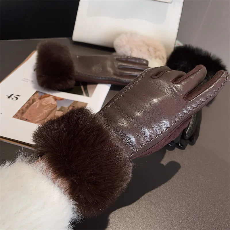 Luxus PU Lederhandschuhe für Damen – Warme Winterhandschuhe mit Kunstfellbesatz | Elegant Gefütterte Handschuhe für Partys & Kaltes Wetter Kaufschwan® Braun Einheitsgröße