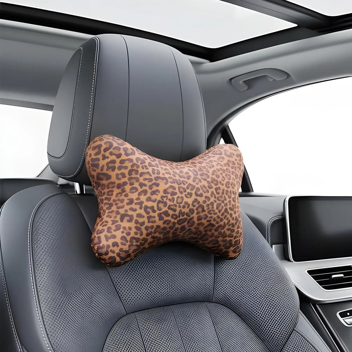 Leopardenmuster-Auto-Nackenkissen-Set – 2 Atmungsaktive Kopfstützenkissen mit Verstellbarem Gurt für Erwachsene Kaufschwan®