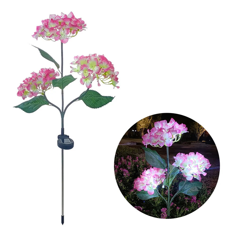 Solar LED 3-Kopf Hortensien-Rosenblumenlampe – Außen Garten, Rasen, Terrasse & Wegdekoration Kaufschwan® Rosa