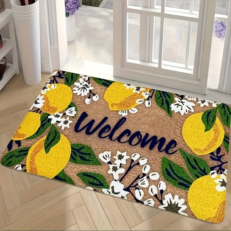 Willkommensmatte – Zitronen- und Blumenmuster mit „Welcome“-Schriftzug, Langlebige Matte für Innen- und Außenbereich Kaufschwan®