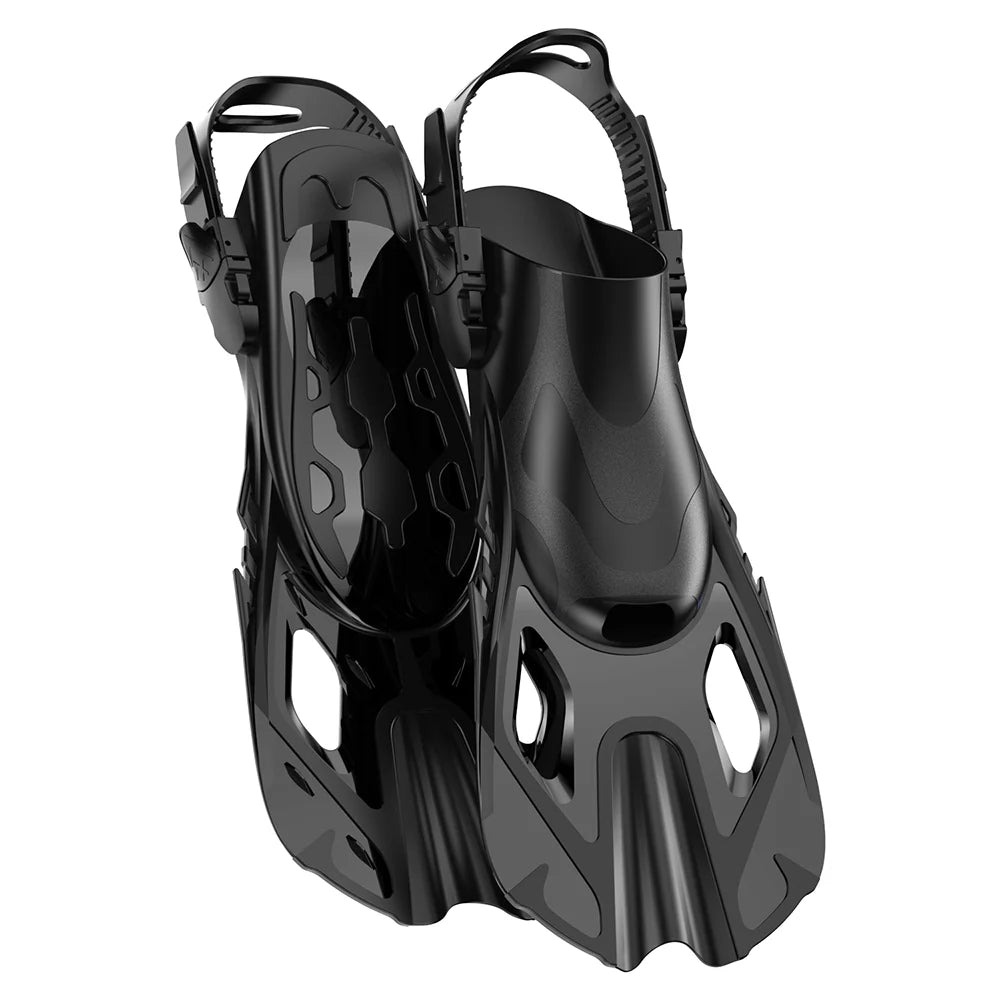 Schnorchelflossen | Verstellbare Schnallen | Kurze Silikon Schwimmflossen | Offene Ferse Tauchschuhe für Anfänger Kaufschwan® Schwarz L/XL
