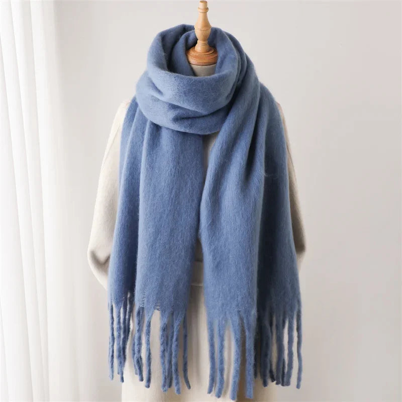 Winter Schal für Damen | Kaschmir-Optik Pashmina Tuch | Weiches Warmes XXL Umschlagtuch mit Fransen & Poncho-Stil Kaufschwan® Blau