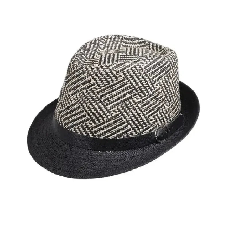 Retro Sonnenhut – Britischer Top Hat Stil, Geometrischer Strohhut mit Gürtel, Unisex Strand & Partner Fedoras
