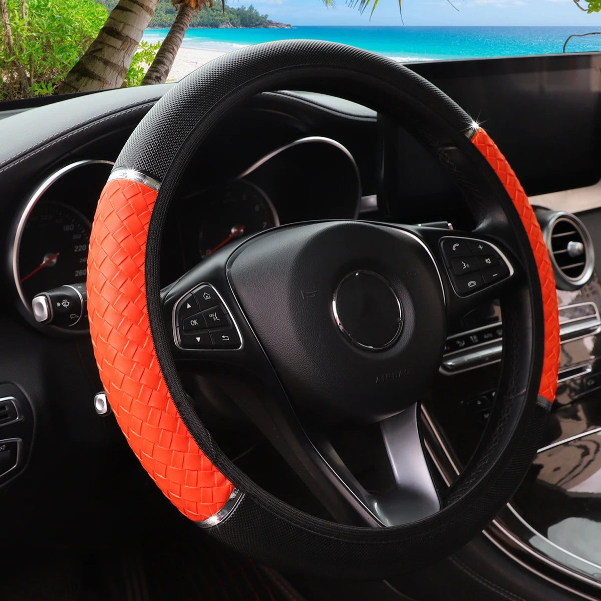 Leder-Lenkradbezug mit Metallstreifen – Modische Ringlose Lenkradabdeckung als Autodekoration Kaufschwan® Orange