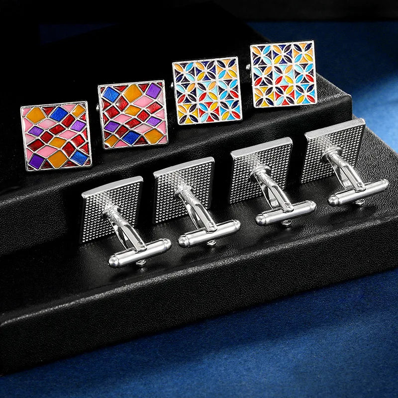 Herren Manschettenknöpfe – Buntes Emaille Quadrat Design | Modische Kariert Bemalte Metallknöpfe für Hemden & Anzüge Kaufschwan®