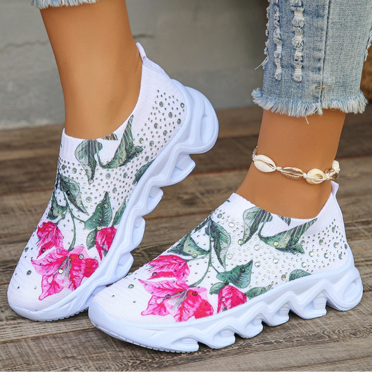 Kristall Blumen Damen Strick-Sneaker – Sommer Atmungsaktive Air Mesh Freizeitschuhe | Leichte Sportschuhe & Walking Flats Kaufschwan®
