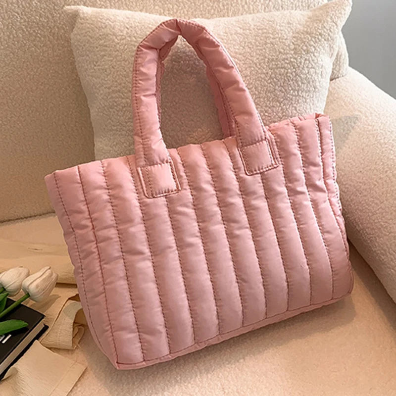 Damen Tote Bag mit Großer Kapazität – Gestepptes Nylon mit Baumwollpolsterung | Einfarbige Casual Fashion Schultertasche Kaufschwan® Pink