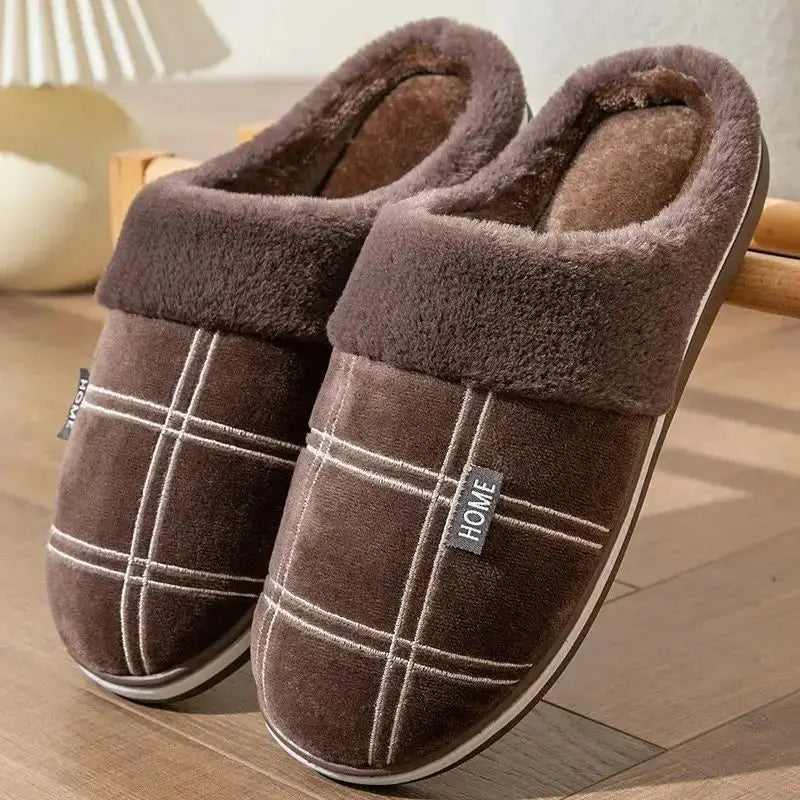 Herren Hausschuhe Kariert mit Memory-Schaum | Warme Plüsch Winter-Schuhe | Rutschfeste Hausschuhe Schwarz | Größe 50–51 Kaufschwan®