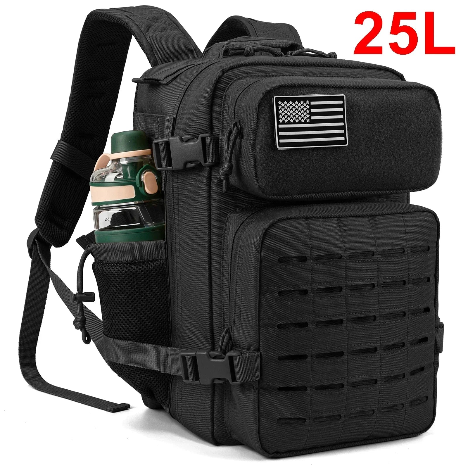 25L Rucksack | Outdoor Survival, Wandern & Fitness | Rucksack für Damen & Herren mit Doppel-Flaschenhalter Kaufschwan® Schwarz