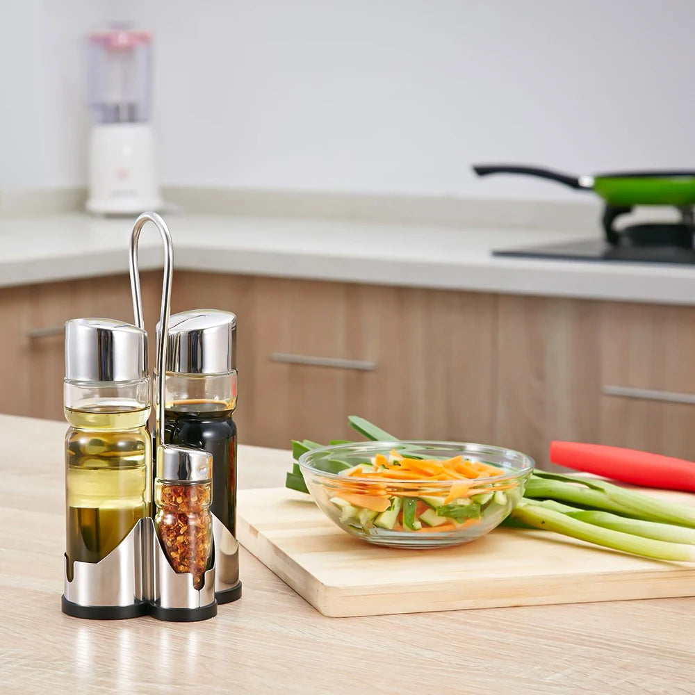 4-in-1 Gewürzflaschen Set mit Halter – Öl- & Essigspender, Salz- & Pfefferstreuer | Glas Cruet Set mit Ständer Kaufschwan®