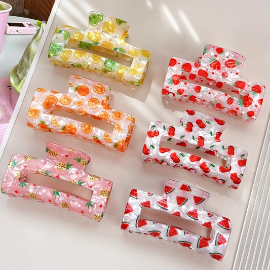 Acryl Haarklammer mit Fruchtmotiv – Quadratische offene Form, großer Shark-Clip für dickes Haar Kaufschwan®