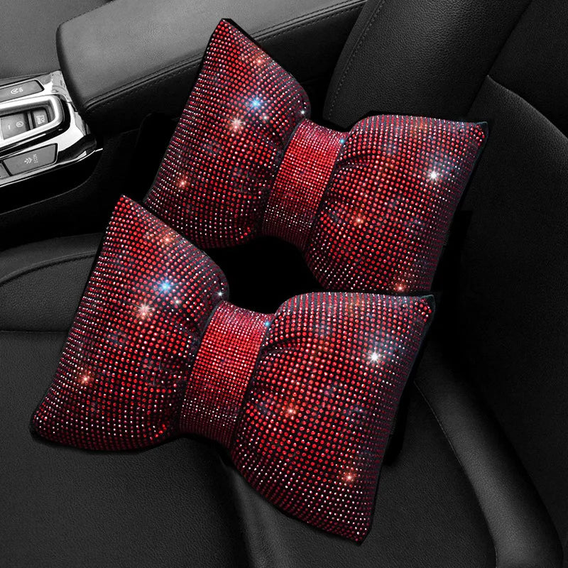 Funkelndes Strass-Auto-Nackenkissen-Set – Regenbogenfarbene Kopfstützenkissen für Fahrer- & Beifahrersitz Kaufschwan® Rot Schleife-2 Stück