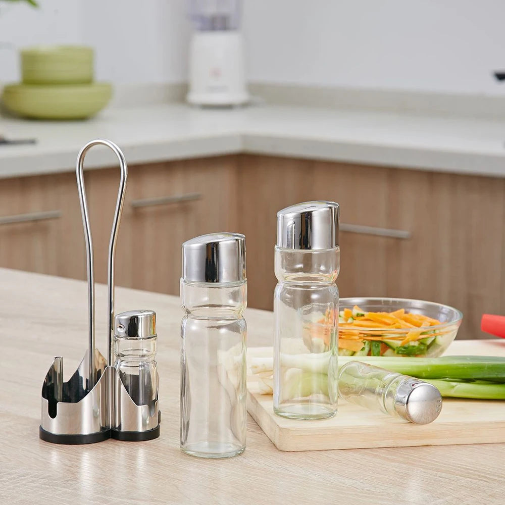 4-in-1 Gewürzflaschen Set mit Halter – Öl- & Essigspender, Salz- & Pfefferstreuer | Glas Cruet Set mit Ständer Kaufschwan®