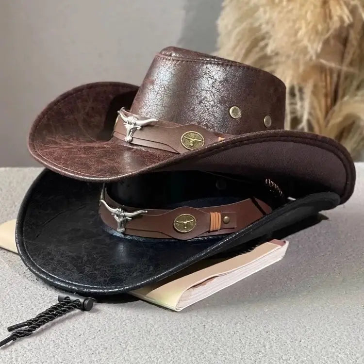Kunstleder Western Cowboy Hut für Damen & Herren – Vintage Gentleman Dress Hat, Panama Cowgirl Jazz Cap, Klassischer Sombrero Kaufschwan®
