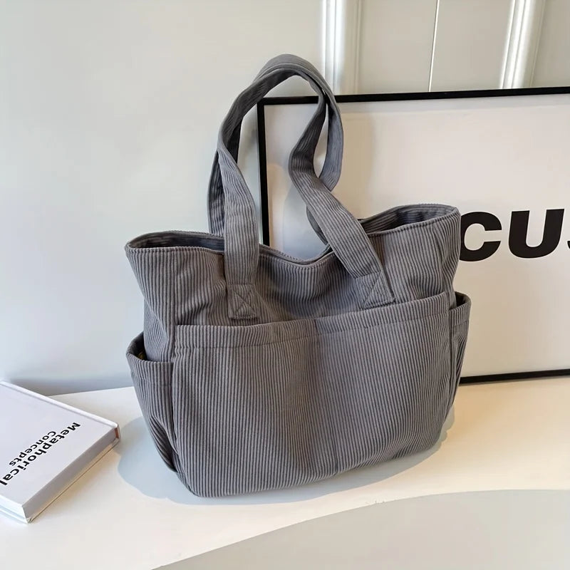 Damen Casual Cord Tote Bag – Gestreifte Schultertasche mit Reißverschluss | Große Kapazität Handtasche für Alltag & Shopping Kaufschwan® Grau