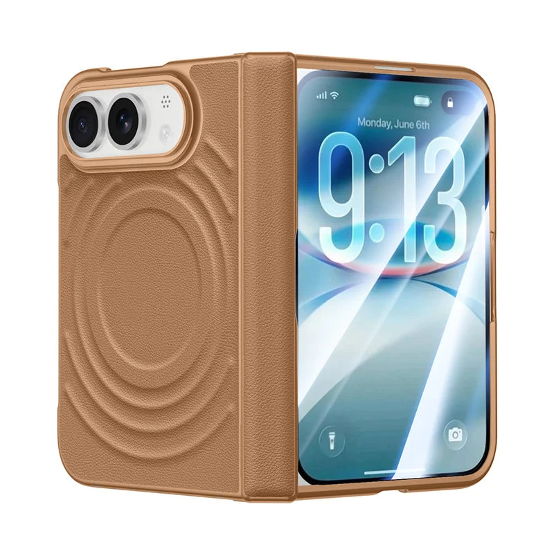 Luxuriöse Magnetische Lederhülle für iPhone Duo – MagSafe-Kompatible Schutzhülle mit Kabellosem Laden, Schutzfolie, Scharnier- und Stoßschutz Kaufschwan® Braun iPhone Duo
