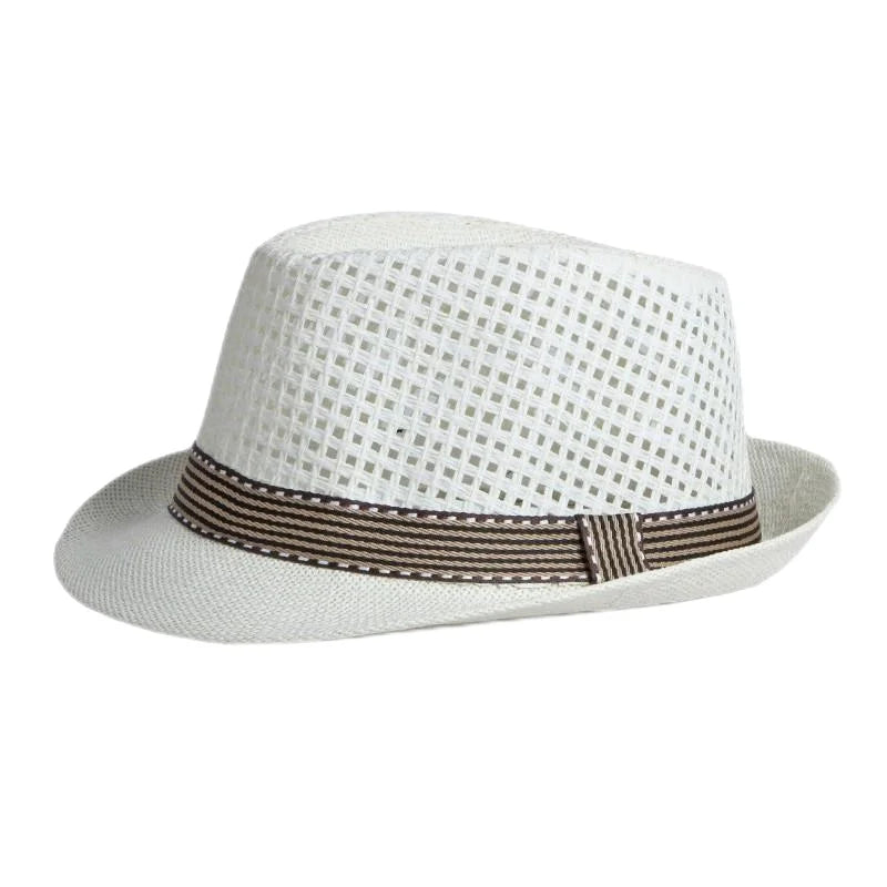 Retro Sonnenhut – Britischer Top Hat Stil, Geometrischer Strohhut mit Gürtel, Unisex Strand & Partner Fedoras