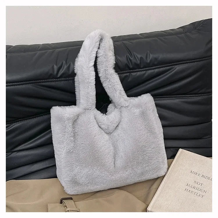 Herbst Winter Plüsch Tote Bag – Damen Modische Schultertasche | Vielseitige Ins Style Handtasche mit Laptopfach Kaufschwan® Hellgrau 35x10x55cm