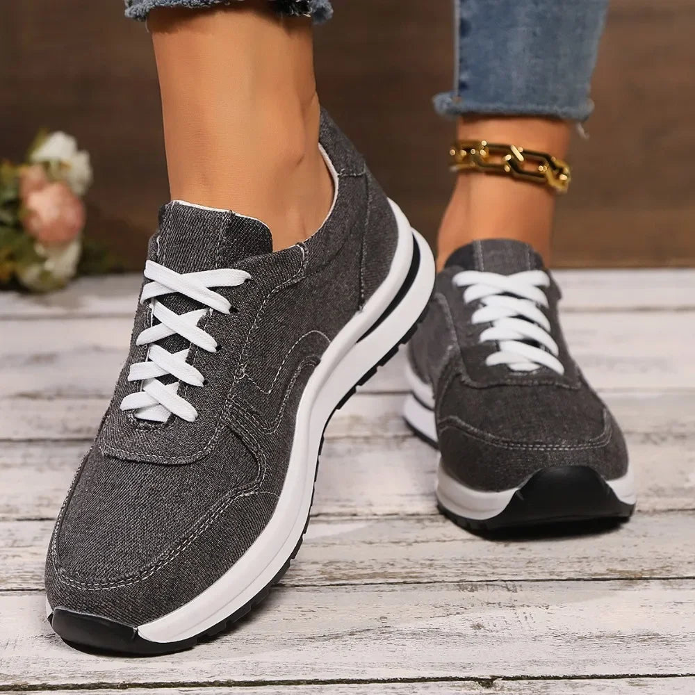 Blaue Denim Damen Plateau-Sneaker – Modische Schnürschuhe mit Dicker Sohle | Bequeme Freizeit-Sneaker in Übergrößen bis 43 Kaufschwan®