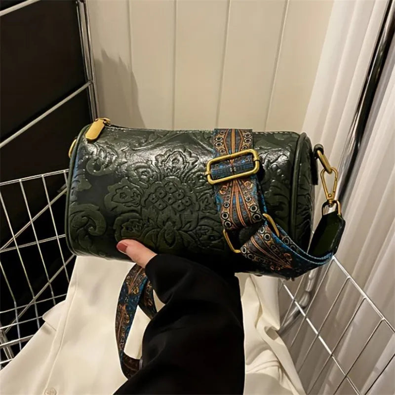 Retro Bestickte Blumen Leder Schultertasche – Klassische Zylinder Crossbody Handtasche für Damen | Alltag, Arbeit & Party Kaufschwan®