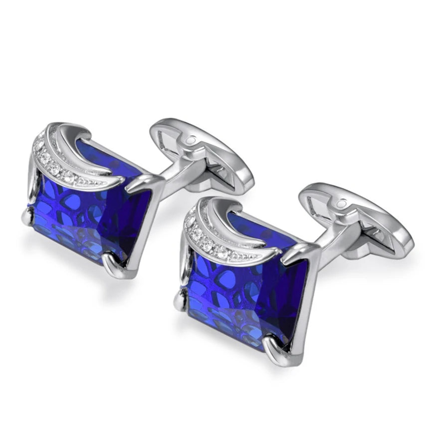 Rechteckige Herren Manschettenknöpfe mit Kristallstein – Rot, Blau & Schwarz | 14×19mm Österreichischer Kristall Luxus Schmuck Geschenk Kaufschwan® Blau-Silber