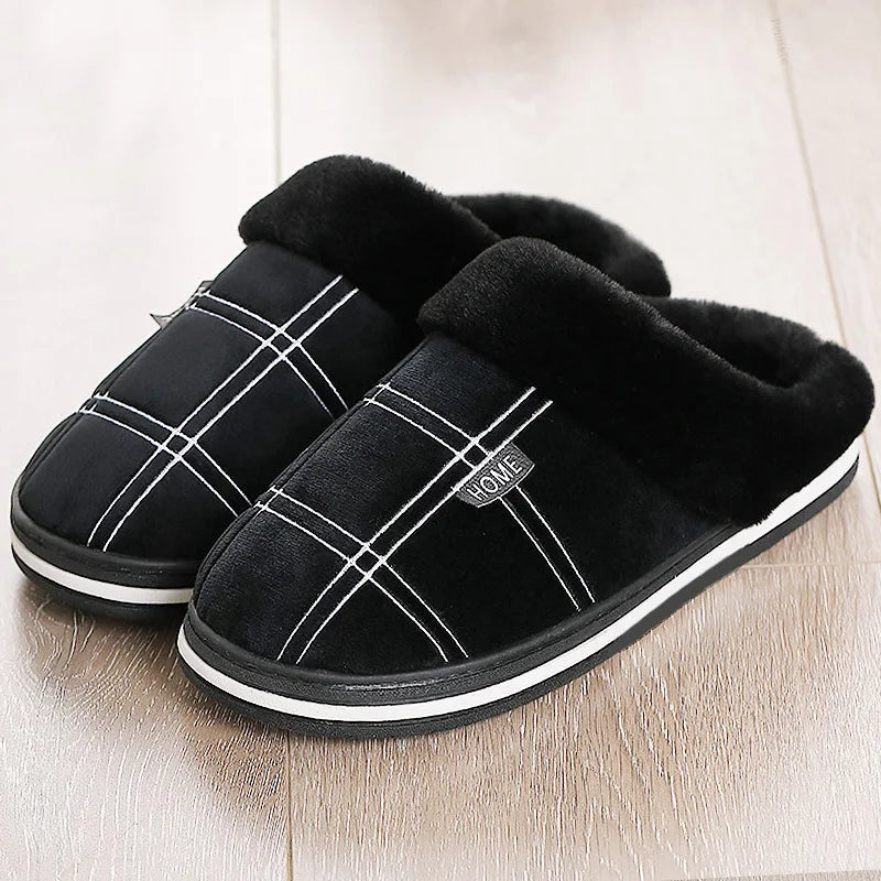 Herren Hausschuhe Kariert mit Memory-Schaum | Warme Plüsch Winter-Schuhe | Rutschfeste Hausschuhe Schwarz | Größe 50–51 Kaufschwan®