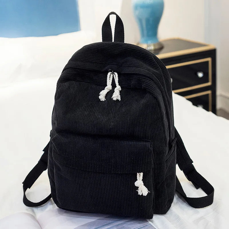 Gestreifter Cord Rucksack für Damen | Minimalistischer Großraum-Tagesrucksack | Herbst & Winter Freizeit- und Reisetasche Kaufschwan® Schwarz