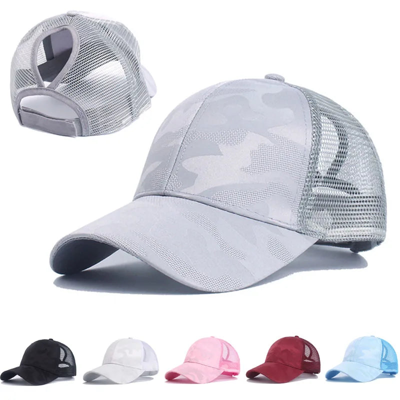 2024 Neue Sommer Camouflage Mesh Trucker Hut | Damen Snapback Baseballkappe | Messy Hair Bun & Ponytail Freundlich Kaufschwan®