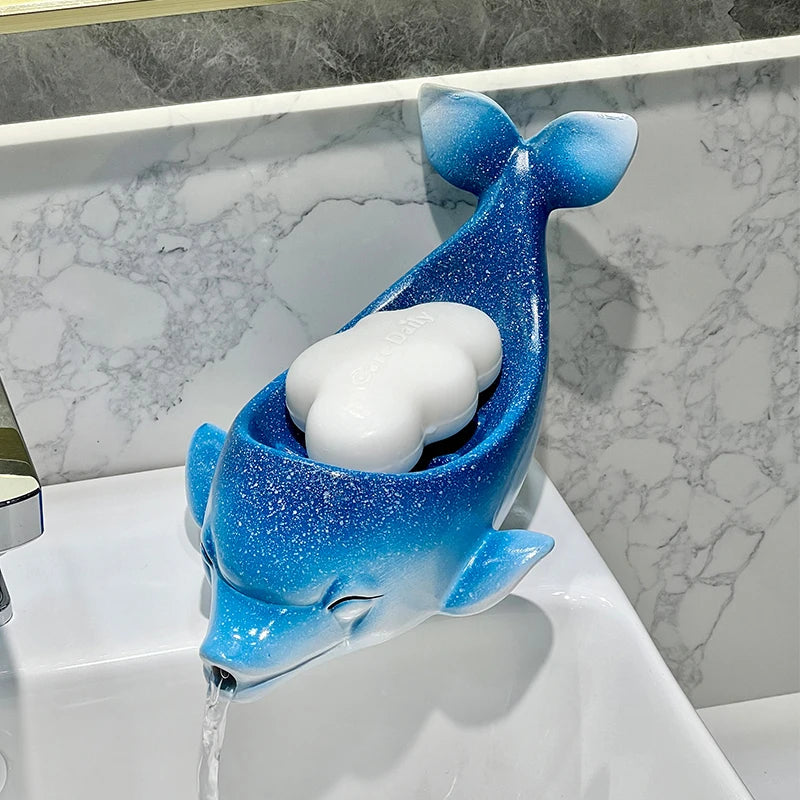 Delfin Ablaufsystem Keramik Seifenschale – Nicht perforierter Seifenhalter mit Ablaufsystem für Toilette & Waschbecken, Badezimmerzubehör Kaufschwan® Hellblau