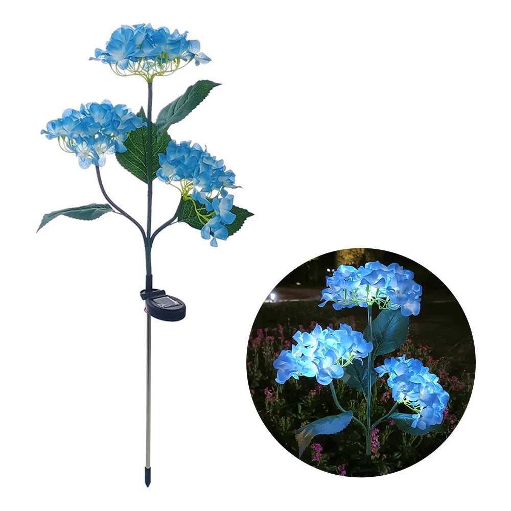 Solar LED 3-Kopf Hortensien-Rosenblumenlampe – Außen Garten, Rasen, Terrasse & Wegdekoration Kaufschwan® Blau