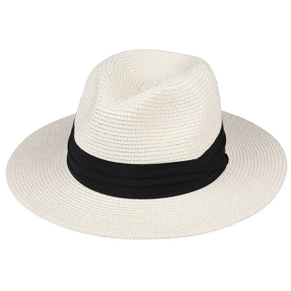 Sommer Sonnenhut Unisex | Panama Stil Strohhut | Strandhut für Urlaub & Outdoor mit Flacher Krone Kaufschwan® Creme Einheitsgröße