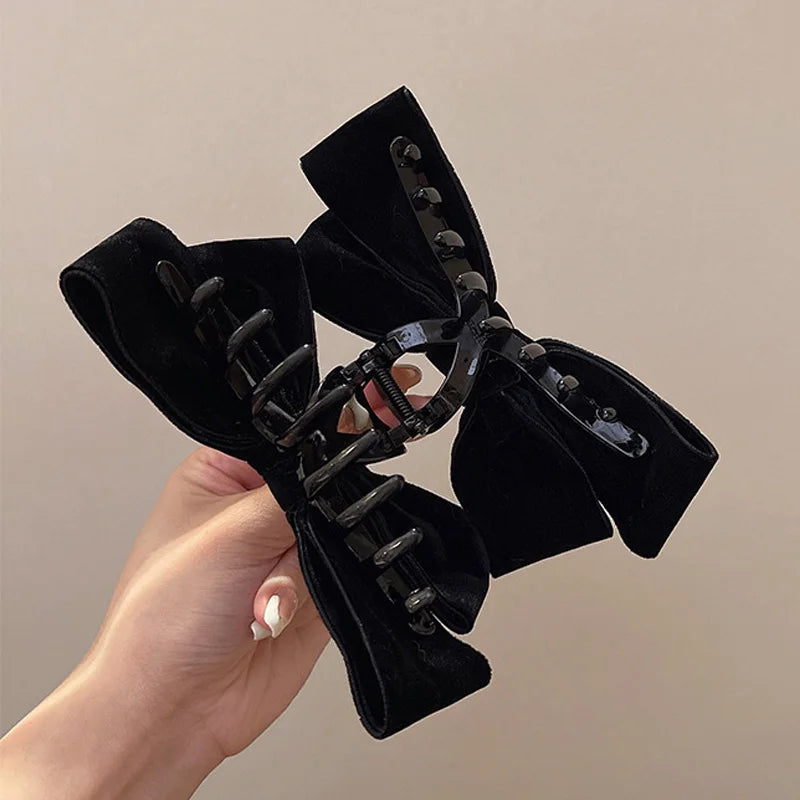 Haarspangen mit samtiger Textur und doppelseitiger Schleife – Schwarze Haarklammer für Damen Kaufschwan®