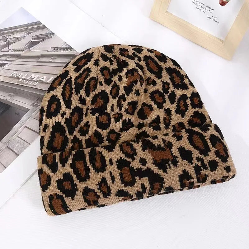 Dicke Leopard Jacquard Beanie Mütze – Trendige Unisex Strickmütze für Herbst & Winter | Warme Vintage Hip Hop Mütze für Damen & Herren Kaufschwan® Braun Einheitsgröße