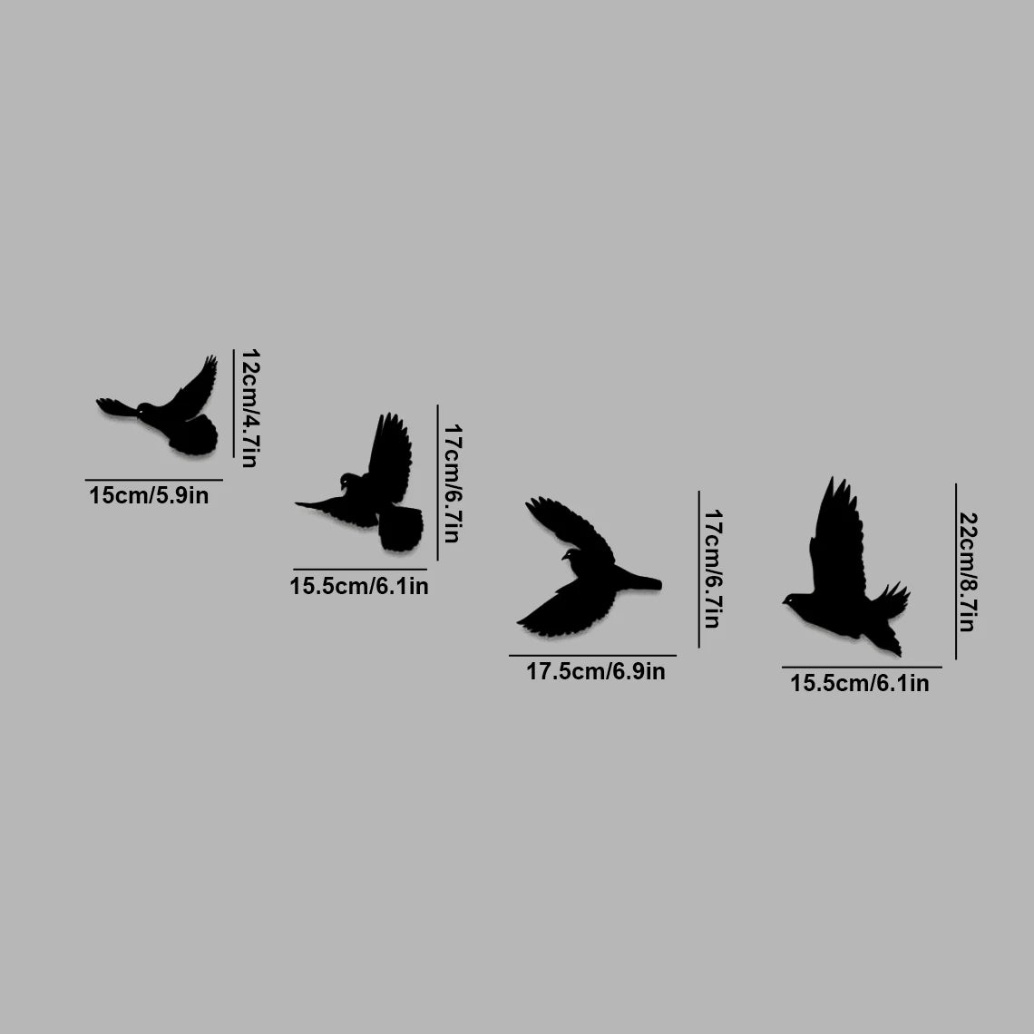 4er Set Vogel Metall Wanddeko – Schwarze Quad Vogel Hängemotive Kaufschwan® 17.5x17.5cm