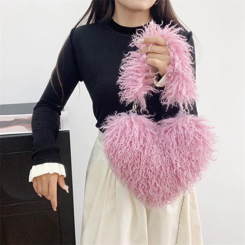 Herzförmige Plüsch Crossbody Tasche – Süße Love Kunstfell Damen Schultertasche & Flauschige Unterarm Handtasche Kaufschwan®