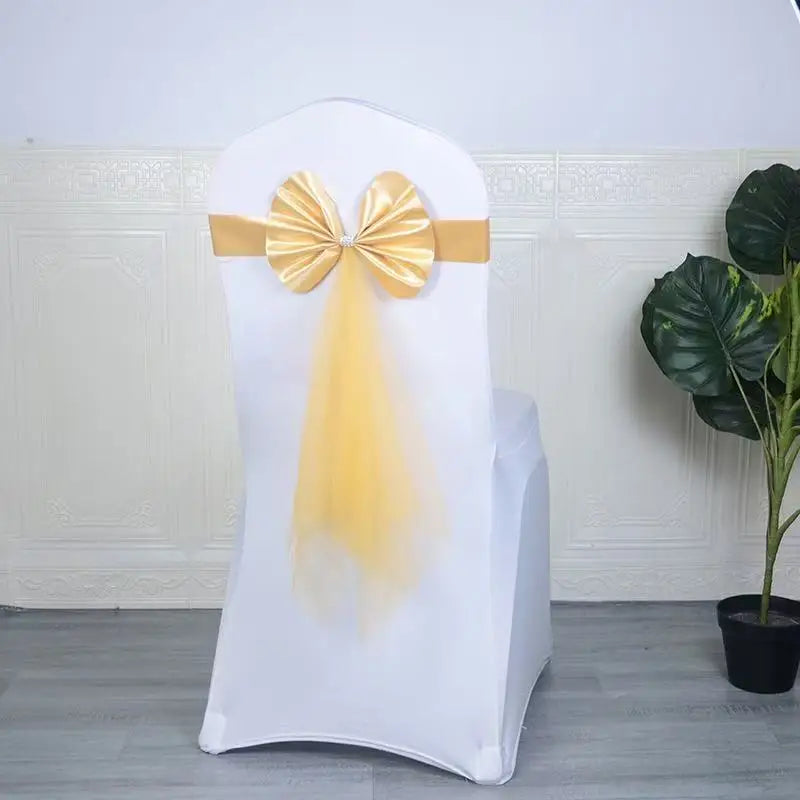 Stuhlschleife aus Stretch-Spandex mit Organza Schmetterlingsband – Elegante Stuhldekoration Kaufschwan® Champagner Gold