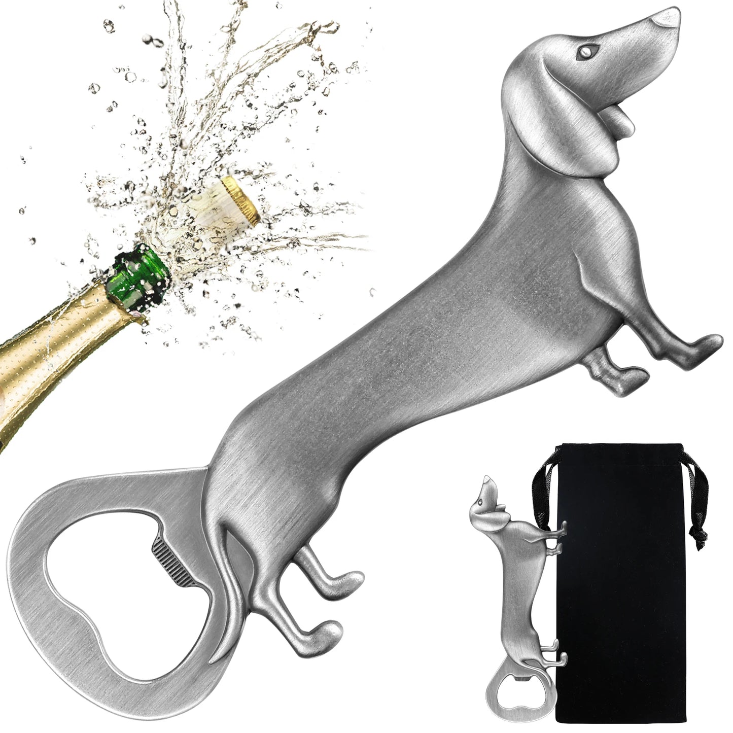Dackel Flaschenöffner – Metall Hunde Design Geschenk für Männer Kaufschwan® Silber mit Tasche